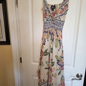 Angie Key Holed Smocked Back Boho Hankerchief Hem Floral Dress Sz Med Juniors NW